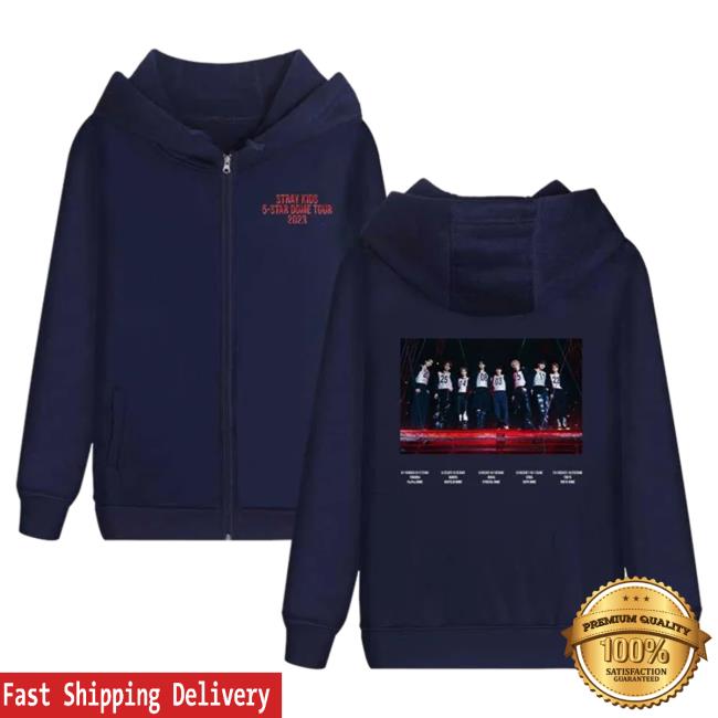 Official Stray Kids Merch Store Stray Kids 2023 5-Star Dome Tour Schedule Popover Hoodie Navy Blue StrayKids Shop