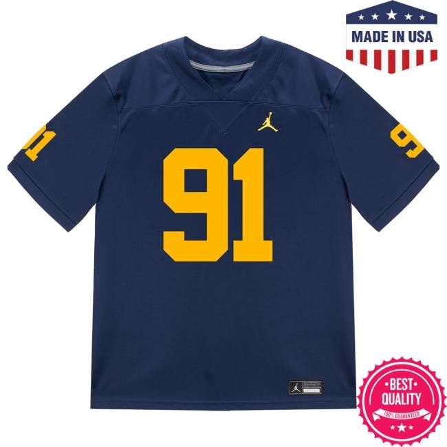 The M Den Michigan Wolverines #91 Evan Boutorwick Student Athlete Blue Football Jersey Shirt The M Den Michigan Wolverines #91 Evan Boutorwick Student Athlete Blue Football Jersey Tee