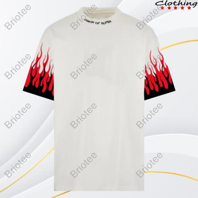 Official Vision Of Super White Tee Shirt With Printed Black And Red Flames