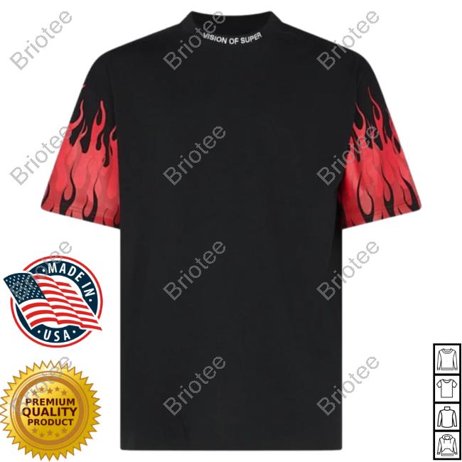 Official Vision Of Super Black Tees With Reversed Red Flames On Sleeves