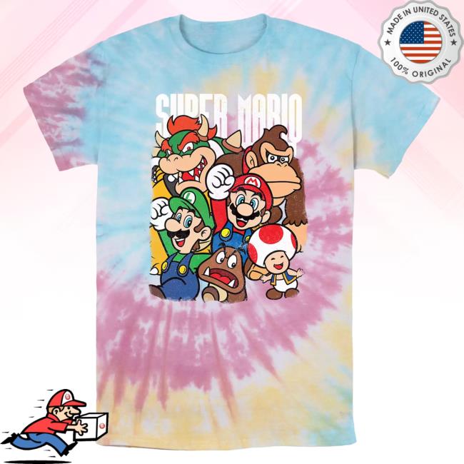 Official Kohls Apparel Clothing Store Shop Merch Licensed Character Nintendo Super Mario Bros Happy Group Tie Dye Graphic Top Shirt