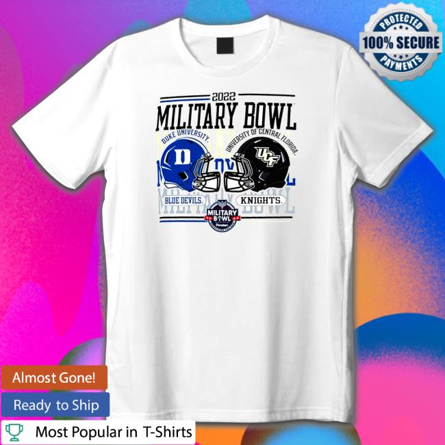 Duke University Blue Devils vs University of Central Florida Knights 2022 Military Bowl Dueling Helmets T-Shirt