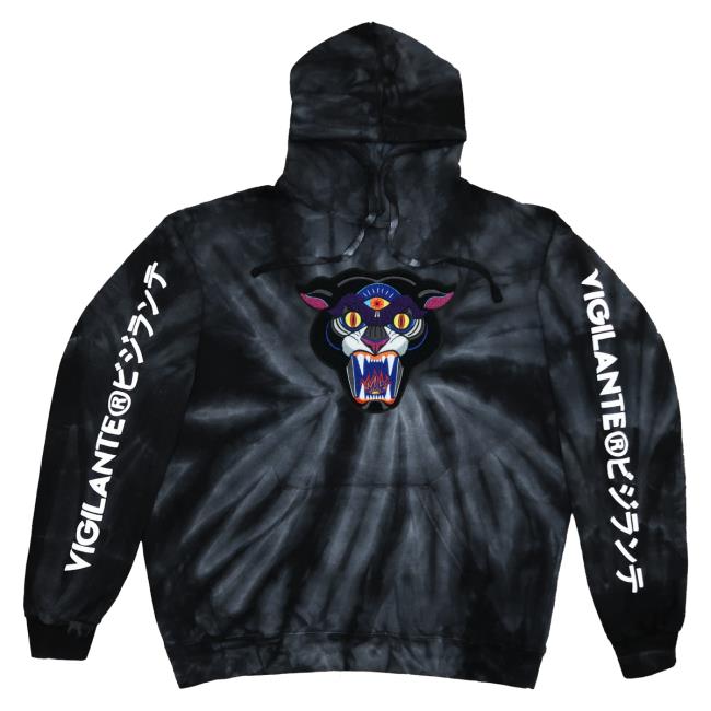 Official Vigilante Brand Merch Mike Ritch Panther Chenille Patch Tie Dye Problems With Authority Pullover Sweatshirt Black VigilanteBrand Tie-Dye