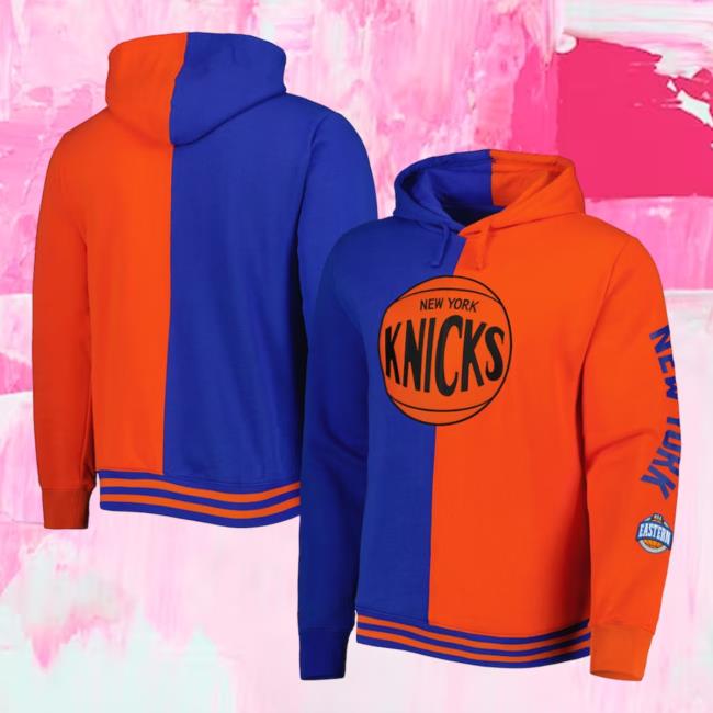 New York Knicks Mitchell & Ness Blue/Orange Big & Tall Hardwood Classics Split Pullover Sweatshirt