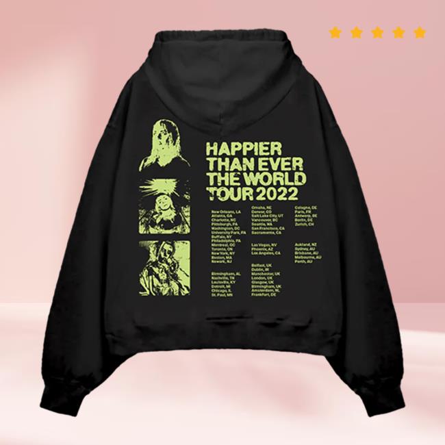 Official Interscope Records BillieEilish Merch Clothing Store Billie Eilish Happier Than Ever World Tour Black 2022 Crew neck Sweatshirt