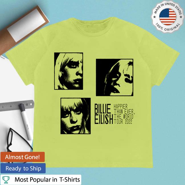 Official Interscope Records BillieEilish Merch Clothing Store Billie Eilish Happier Than Ever The World Tour 2022 Montage Lime Top Shirt