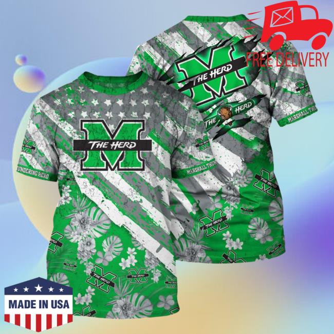 Official Marshall Thundering Herd Tropical Flower Style And Flag All Over Printed 3D Hot Shirt
