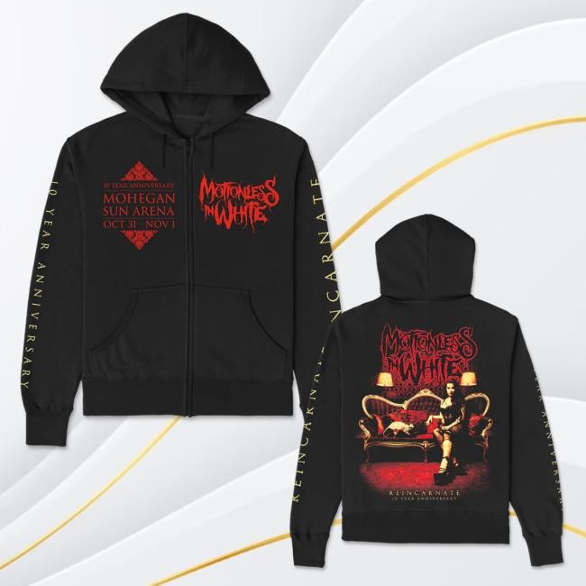Official Miwmerch Motionless In White Reincarnate 10 Year Apocalypse Fest Zip Up Popover Hoodie (Black) Miw Merch Store