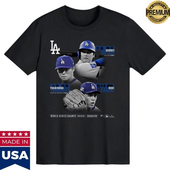 Official Men's Los Angeles Dodgers Shohei Ohtani, Yoshinobu Yamamoto & Roki Sasaki Black 2025 World Series Champions Historic Top Shirt Mlb Shop