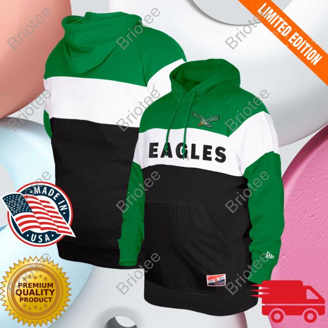 Official PhiladelphiaEagles Clothing Merch Store Shop New Era Kelly Green Philadelphia Eagles Throwback Colorblocked Pullover Hoodie 3D