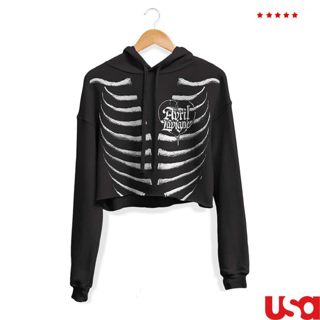 Official Avril Lavigne Merch Store Avril Lavigne B&W Skeleton Crop Hooded Sweatshirt Avril Lavigne Clothing Shop AvrilLavigne