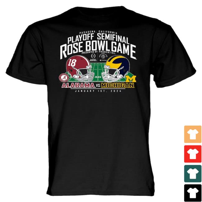 Official Tournament Of Roses Shop Blue 84 Black Michigan Wolverines Vs. Alabama Crimson Tide College Football Playoff Semifinal Rose Bowl Game 2024 T Shirts