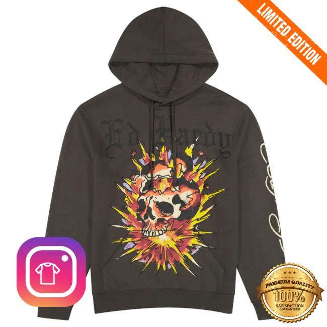 Official Ed Hardy Merch Store Exploding Skull Charcoal Hooded Sweatshirt EdHardy Apparel Clothing Shop