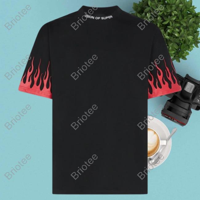 Official Vision Of Super Black Tee Shirt With Printed Red Flames