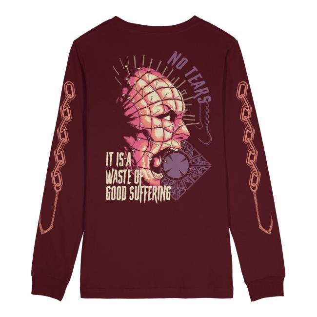 Official Any Means Necessary Clothing Hellraiser No Tears It Is A Waste Of Good Suffering Long Sleeve Tee Shirt Burgundy