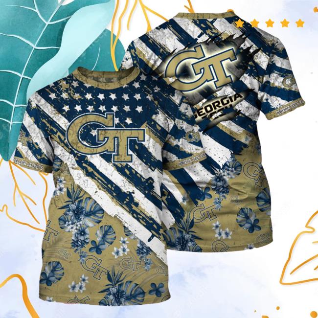 Official Georgia Tech Yellow Jackets Tropical Flower Style And Flag All Over Printed 3D Tshirt